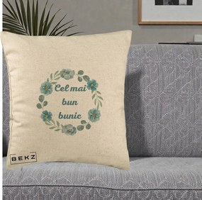 Cadou pentru Bunic - Perna Personalizata Cel Mai Bun Bunic Coronita Flori Albastre Teal, 40x40 cm, Bej, Husa Detasabila, Perna Inclusa, BEKZ®