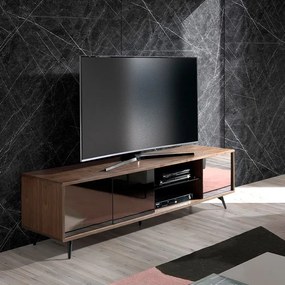 Comoda TV design LUX cu 3 usi negre efect de oglinda Walnut