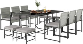 Outsunny Set de dining pentru patio 11 piese, mobilier exterior cu 6 fotolii, 4 pouf, gri | Aosom Romania