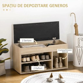 HOMCOM Bancă pentru Pantofi cu 3 Compartimente, Spațiu Ascuns și Șezut din Piele PU, 80x30x43 cm, Lemn Natural | Aosom Romania