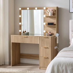 Masuta machiaj 92 cm, Alba sau Maro cu Oglinda LED si 4 Sertare pentru Cosmetice, Set Masa toaleta cu 2 Prize, USB si USB-C, masuta cosmetica, vanity