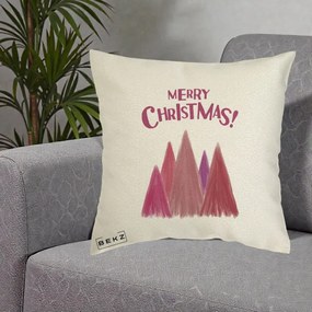 Perna Decorativa Merry Christmas Brazi Roz, 40x40 cm, Ecru, Husa Detasabila, Perna Inclusa, BEKZ®