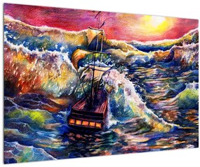 Tablou - Navă pe valurile oceanului, aquarelă (90x60 cm)