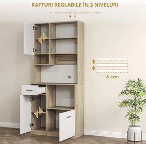 HOMCOM Bufet Înalt de Bucătărie cu Sertar, 3 Dulapuri și 4 Compartimente Deschise, 80x35x180 cm, Alb | Aosom Romania
