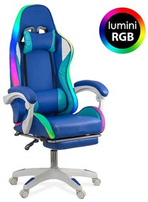 Scaun gaming albastru piele ecologica cu suport picioare si banda LED RGB OFF 298