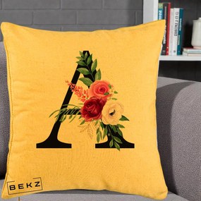 Cadou Personalizat - Perna Personalizata Monograma Florala Litera A, 40x40 cm, Galben, Husa Detasabila, Perna Inclusa, BEKZ®