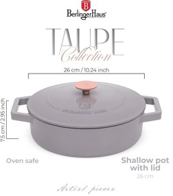 Cratiță din fontă emailata cu capac 26 cm, 2.57 L Berlinger Haus Taupe Collection BH 6527, pentru gătit lent, compatibilă cuptor/plite