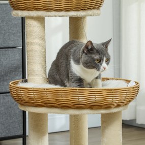 PawHut Arbore de pisici arbore de cățărat înălțime 75,5 cm cu două paturi pentru pisică din răchită zgâriere perne lavabile bej | Aosom Romania