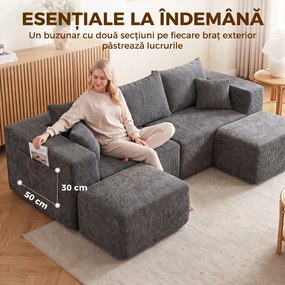 HOMCOM Canapea modulară în U, 3 locuri, fără cadru, cu 2 taburete, șezut și cotiere late, din chenille, gri închis | Aosom Romania