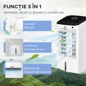 HOMCOM Răcitor Evaporativ 3-în-1, Ventilator, Umidificator cu Gheață și Dezumidificator, 3 Viteze, 3 Moduri și Telecomandă, Timer 12 Ore, 65W din ABS, 24.5x27x60 cm, Alb | Aosom Romania