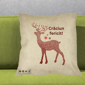 Perna Decorativa Ren Sclipitor Glitter Craciun Fericit, 40x40 cm, Crem, Husa Detasabila, Perna Inclusa, BEKZ®