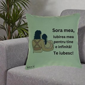 Cadou pentru Sora - Perna Personalizata Sora Mea Te Iubesc Doua Fete Fashioniste Line Art, 40x40 cm, Verde, Husa Detasabila, Perna Inclusa, BEKZ®