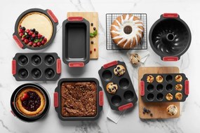 Forma de copt cu fund detasabil Lekue 1009474, Ø20 cm, Acoperire ceramica antiaderenta, Otel carbon, +4°C / +240°C, Negru/rosu