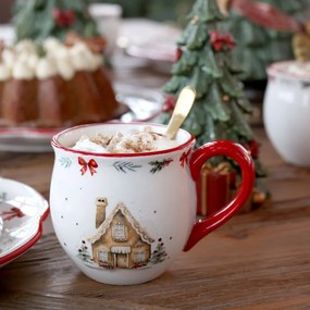 Cană din ceramică albă cu motive de Crăciun și mâner roșu, 9.5x10 cm, „Chalet de Noël"