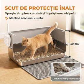 PawHut Litieră pentru Pisici xl cu Covoraș, Tavă din Oțel Inoxidabil, Lopățică, Perie, Până la 8 Kg, Gri Deschis | Aosom Romania