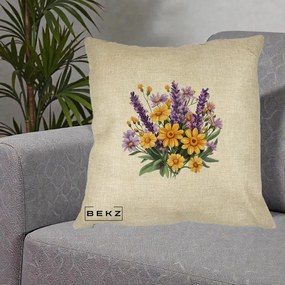 Perna Decorativa Lavanda cu Margarete Galbene si Lila, 40x40 cm, Crem, Husa Detasabila, Perna Inclusa, BEKZ®