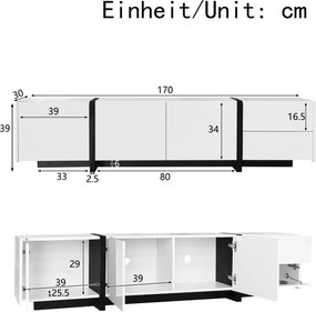 Comodă TV cu dulap jos, bandă LED, 170x30x39 cm, Alb