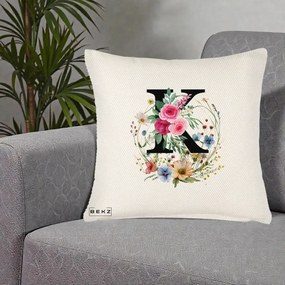 Cadou Personalizat - Perna Personalizata Monogram Litera K cu Flori Acuarela, 40x40 cm, Crem Reliefat, Husa Detasabila, Perna Inclusa, BEKZ®