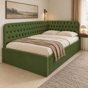 Pat tapițat pentru copii din catifea Elyra 140×200 cm, kaki, colț stânga, cu ladă de depozitare