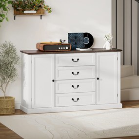 HOMCOM Credență de Bucătărie, Mobilier de Bucătărie cu 4 Sertare Soft Close, Blat Gros, Bufet cu Rafturi Reglabile, Stil Rustic, pentru Sufragerie, Sala de Mese, 147x40x87 cm, Alb | Aosom Romania
