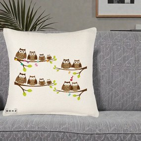 Perna Decorativa Familie de Bufnite pe Ramuri, 40x40 cm, Crem Reliefat, Husa Detasabila, Perna Inclusa, BEKZ®