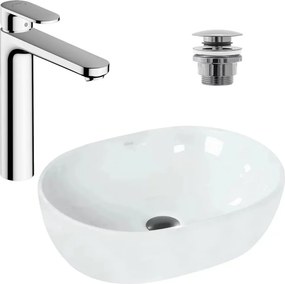Pachet lavoar pe blat Rea Amelia alb 48 cm, baterie lavoar Hansgrohe Vernis Blend crom si ventil lavoar Click-Clack crom