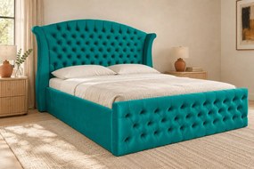 Pat tapițat Chesterfield din catifea Sorella Simple 140×200 cm, turcoaz, cu ladă de depozitare