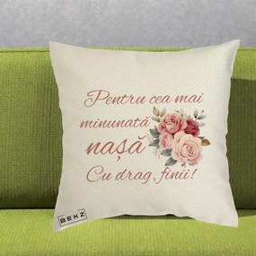Cadou pentru Nasa - Perna Personalizata Pentru Cea mai Minunata Nasa Cu drag Finii, 40x40 cm, Ecru, Husa Detasabila, Perna Inclusa, BEKZ®