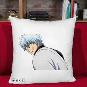 Perna Personalizata Gintama Gintoki Portret cu Zambet, 40x40 cm, Alb Pufos, Husa Detasabila, Perna Inclusa, BEKZ®