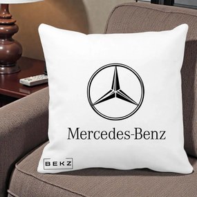 Perna Personalizata cu emblema Mercedes-Benz, 40x40 cm, Alba Mata, Husa Detasabila, Perna Inclusa, BEKZ®