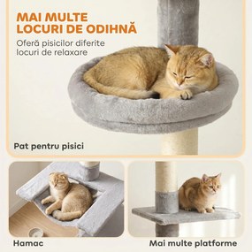 PawHut Ansamblu de Zgâriat pentru Pisici până la Tavan, 230-260 cm, 3 Stâlpi de Zgâriat, Hamac, Pluș, Gri Deschis | Aosom Romania