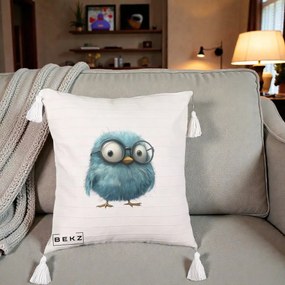 Perna Decorativa Pui Pufos Teal cu Ochelari, 40x40 cm, Bej cu Franjuri, Husa Detasabila, Perna Inclusa, BEKZ®