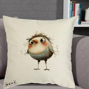 Perna Decorativa Pasare cu Penaj Zbarlit si Gene, 40x40 cm, Ecru, Husa Detasabila, Perna Inclusa, BEKZ®