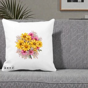 Perna Decorativa Floarea-Soarelui cu Cosmos Roz si Gypsophila, 40x40 cm, Alba Mata, Husa Detasabila, Perna Inclusa, BEKZ®