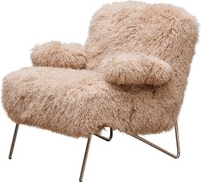 Fotoliu lounge pufos bej din stofă cu fibră lungă tip Mongolian fur cu structură din oțel, „Paddy”