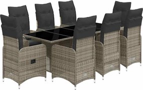 vidaXL Set bistro de grădină cu perne, 9 piese, gri, poliratan