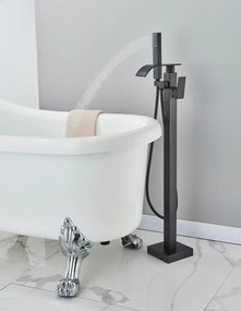 Baterie cada freestanding cu cadru patrat negru mat si curgere cu efect de cascada