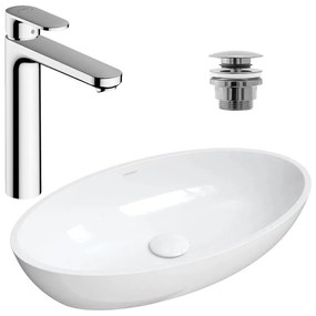 Pachet lavoar pe blat Omnires Siena M+ alb 60 cm, baterie lavoar Hansgrohe Vernis Blend crom si ventil lavoar Click-Clack crom