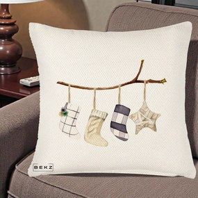 Perna Decorativa Ciorapi de Craciun pe Ramura, 40x40 cm, Crem Reliefat, Husa Detasabila, Perna Inclusa, BEKZ®