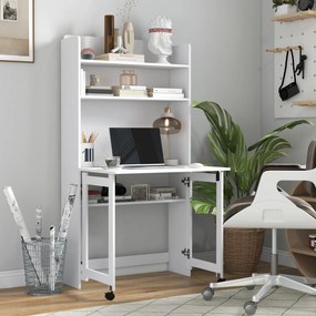 HOMCOM Birou cu Rafturi, Blat Pliabil, 2 Roți și 4 Rafturi, Birou Compact Modern cu Orificiu pentru Cabluri, Masă pentru Computer, Casă Birou Cameră de Studiu, 80x69x155 cm, Alb | Aosom Romania