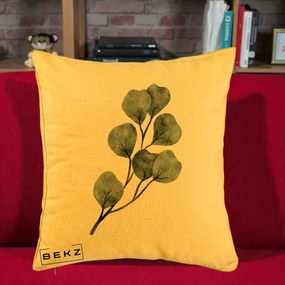 Perna Decorativa Ramura Eucalipt Acuarela, 40x40 cm, Galben, Husa Detasabila, Perna Inclusa, BEKZ®