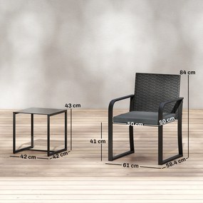 Outsunny Set de mobilier de grădină din ratan sintetic cu 2 scaune cu perne și masă cu blat din sticlă, gri | Aosom Romania