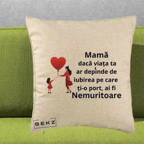 Cadou pentru Mama - Perna Personalizata Mama Nemuritoare cu Bebelus Kawaii, 40x40 cm, Bej, Husa Detasabila, Perna Inclusa, BEKZ®