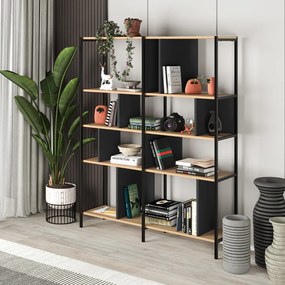 Bibliotecă neagră/în culoare naturală cu aspect de lemn de stejar 144x175 cm Alabama – Marckeric