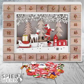 Calendar advent din lemn SANTA CLAUS cu iluminare, 35x6x27cm, alb/maro Spielwerk