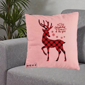 Perna Decorativa Ren Buffalo Plaid Craciun, 40x40 cm, Roz, Husa Detasabila, Perna Inclusa, BEKZ®