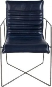 Scaun dining cu brațe tapițat eclectic din piele naturală și metal, albastru, cu cusături în canale și bază în X, 87 x 60 x 53 cm, „Saint-Tropez”