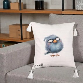 Perna Decorativa Pui Pufos Albastru Adormit, 40x40 cm, Bej cu Franjuri, Husa Detasabila, Perna Inclusa, BEKZ®