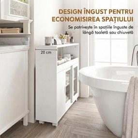 HOMCOM Dulap de Baie cu Roți, Raft Reglabil, Ușă Glisantă din Sticlă Călită, Alb | Aosom Romania