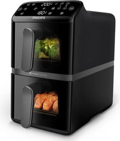 Friteuza verticala dubla cu aer cald Philips Dual Stack 4000 NA460/00, 2750 W, 10 l, 13 programe, 40-220°C, Sincronizare, Acoperire ceramică fara PFAS, Fereastra, Negru